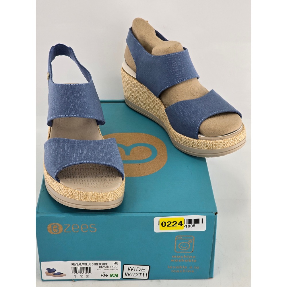 Bzees Reveal Wedge Sandals Womens 8.5W Blue Stretch Espadrille - NEW